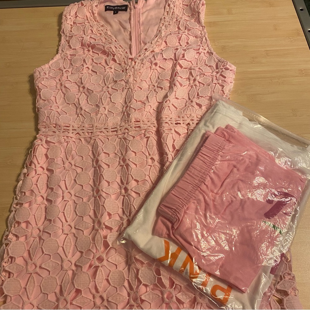 3 piece lot New EillyBazar Pink Floral Dress Large Shorts Short Sleeve Shirt